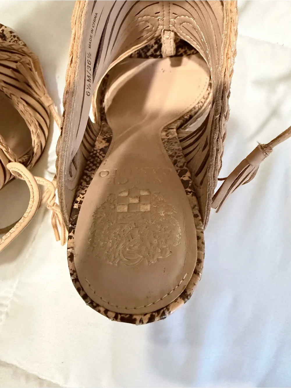 Vince Camuto Tan Braided Strappy High Heel Sandals with Snakeskin Toe